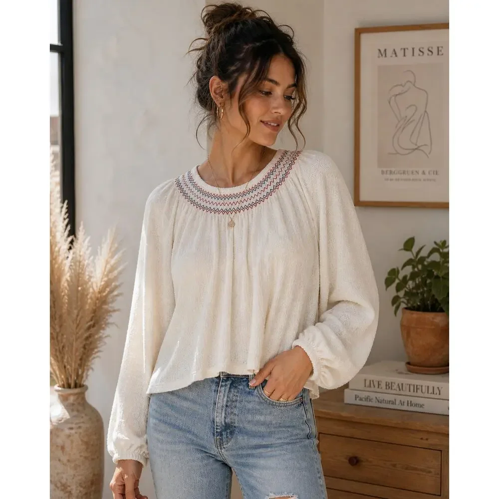 Madewell Textured Boho Blouse Womens Small Cream Embroidered Neck Peasant Top